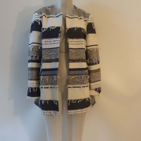 Womens Zara Basic Rustic Blue White Fringe Open Mid-Length Jacket L * - Picture 4 of 13